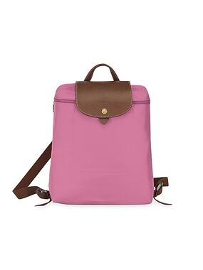 Longchamp Pink Le Pliage Backpack with Brown Leather Flap